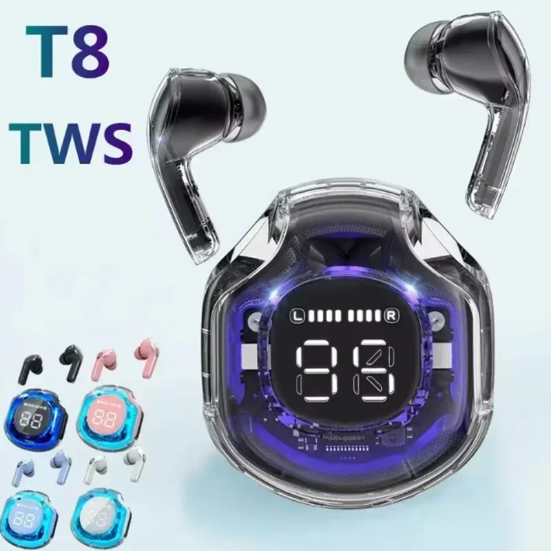 T8 TWS 무선 이어폰 폰 블루투스 헤드폰, 스포츠 게임 헤드셋, 소음 감소 이어버드, 휴대폰용 베이스 터치 컨트롤