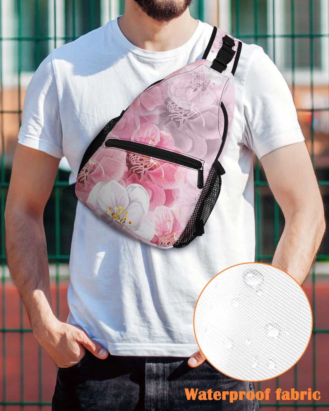 

Flower Pink Chest Bag for Men Casual Sports Shoulder Bag Women's Travel Waterproof Messenger Bag