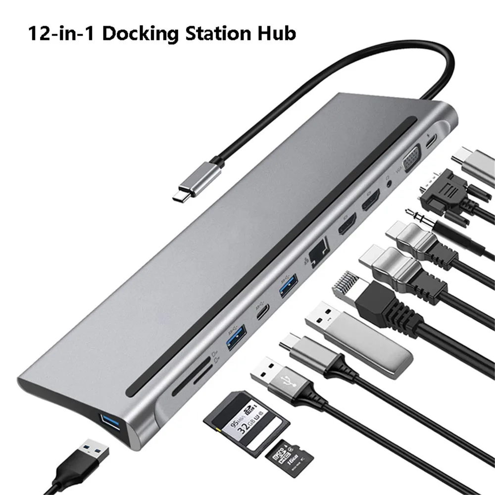 MZX 12-in-1 MST USB C Docking Station Hub Multi 3.0 CType A HDMI-Compatible DP Concentrator Extension RJ45 Adapter Dock Laptop