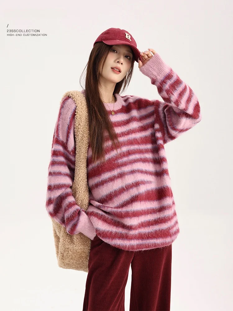 

Женский свитер-пуловер с круглым вырезом, средней длины, мягкий, уютный, стройнящий, в розовую полоску, вязаный топ Yang Bubble Brand Commute Sle