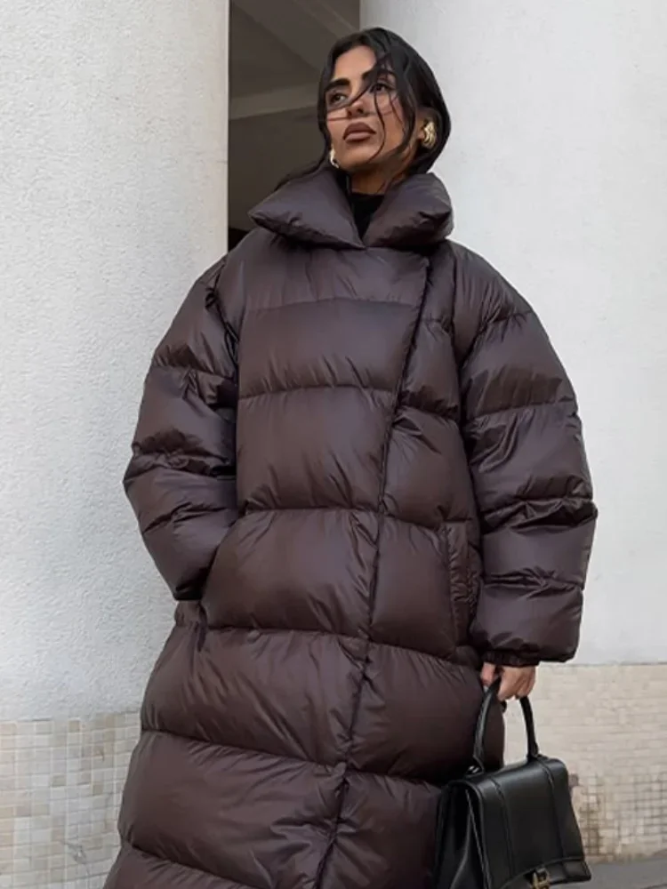 

Women Fashion Brown Cotton Jacket Casual Lapel Single Breasted Pocket Loose Long Coat Lady Winter Daily Street Commute Outerwear