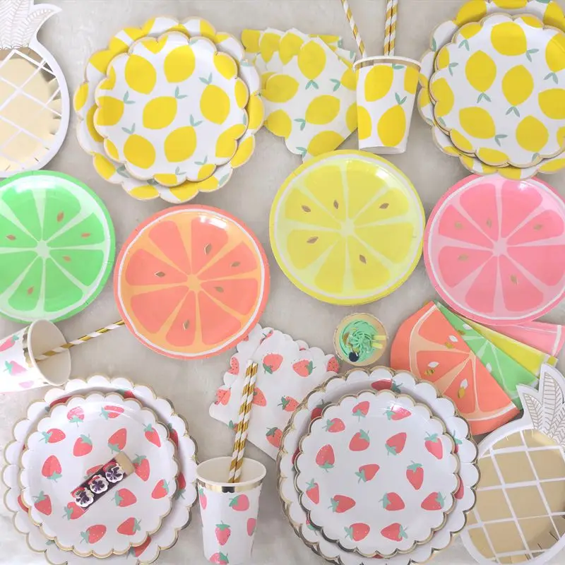 Tableware Set for Kids and Adults Strawberry Lemon Citrus Fruit Paper Plate Napkins Wedding Birthday Decor Barbecue Picnic Party