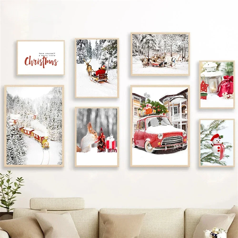 Winter Snow Tree Landscape Christmas Gifts Canvas PaintingPosters  Red Car Wall Art Print Picture Nordic Poster Home Decoration