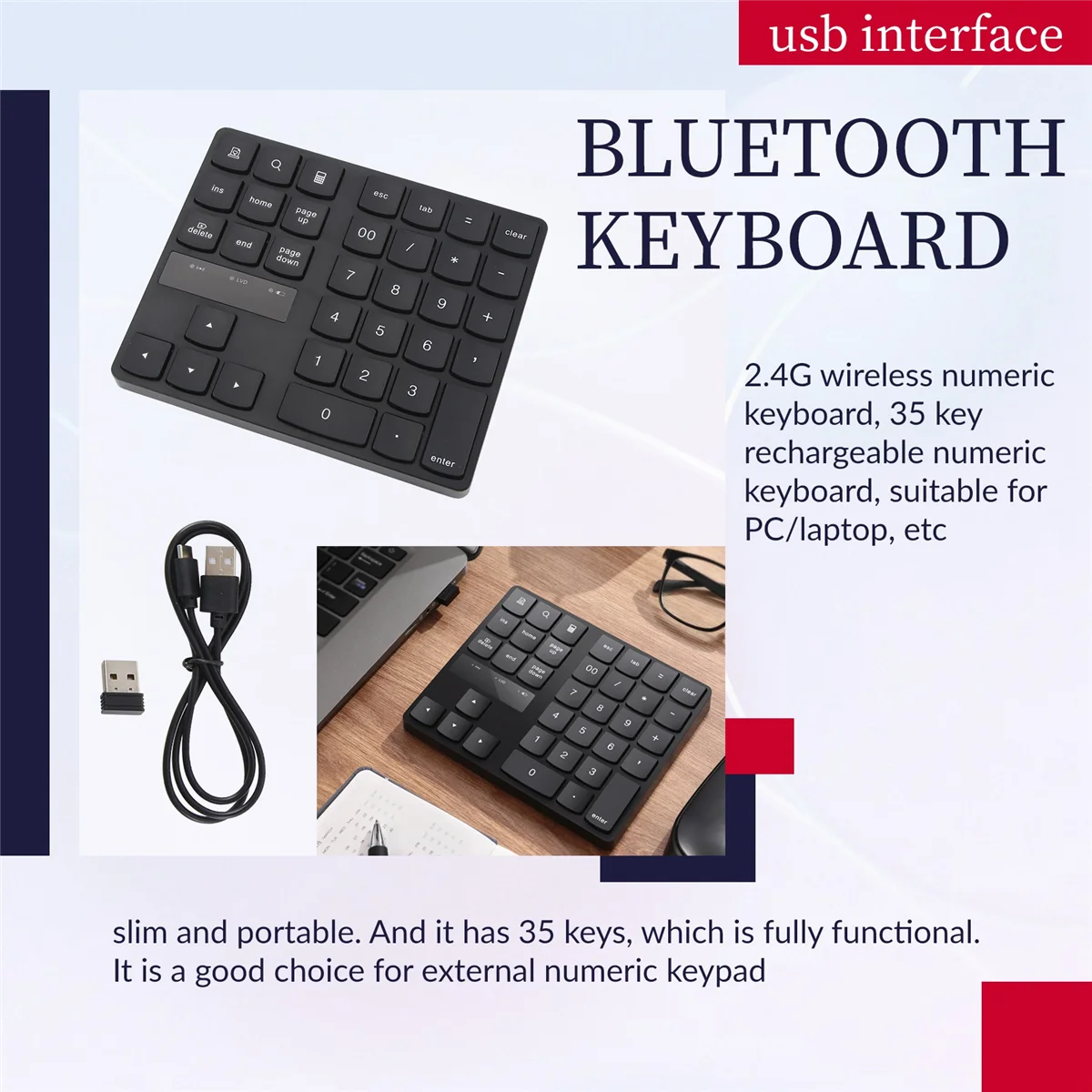 FZFZ 2.4G แป้นพิมพ์ตัวเลขไร้สาย, แป้นพิมพ์ตัวเลขแบบชาร์จไฟได้พร้อม 35 ปุ่มสําหรับพีซี/แล็ปท็อป//