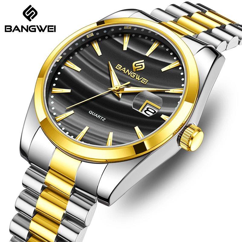 BANGWEI 2025 Gold Men Watch Stainless Steel Wrist Watch Calendar quartz wristwatch Luminous Watch for Men clock Montre Homme+BOX