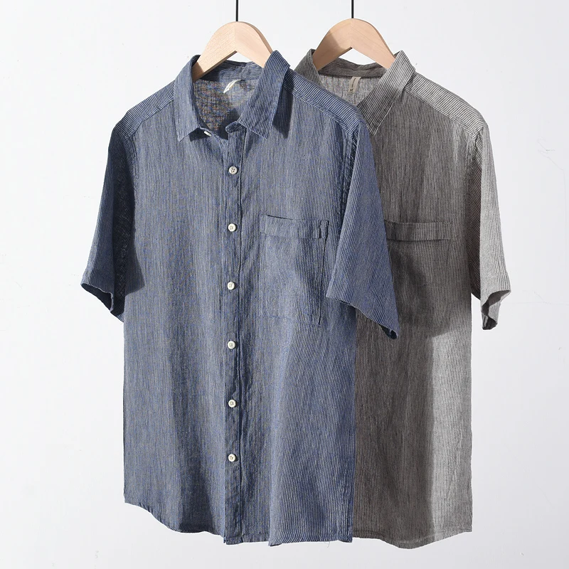

Simple Style Linen&Cotton Shirts For Men Short Sleeve Yarn-Dyed Summer Quality Comfortable Fit Solid All Match Camisas De Hombre