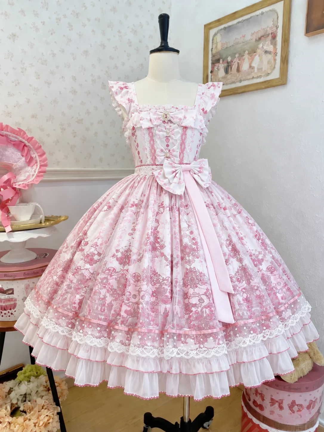 Women Vintage Japanese Lolita JSK Midi Dress Y2K Bandage Layered Skirt Sweet Bow Lace Strap Dress Harajuku Cosplay Chic