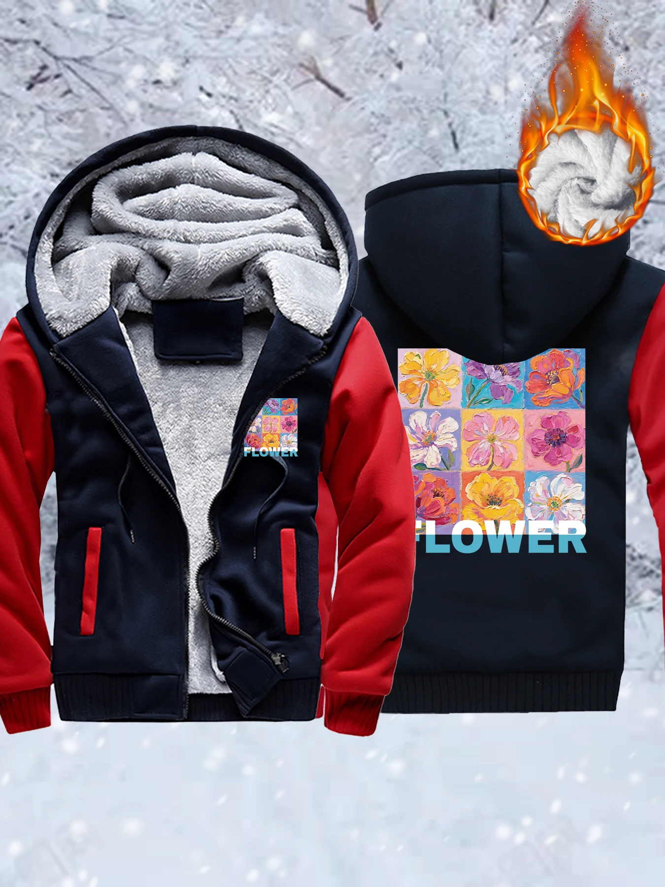 

Colorful Oil Painting Of Flowers Design Men Thicken Coats Oversized Winter Sportswear Fleece Zipper Jacket Casual Hoodies