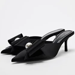 Pearl Satin Bow High Heeled Slippers for Women Pointed Toe Mules Pumps Female Shallow Fashion Designer Slingback Sandal Female