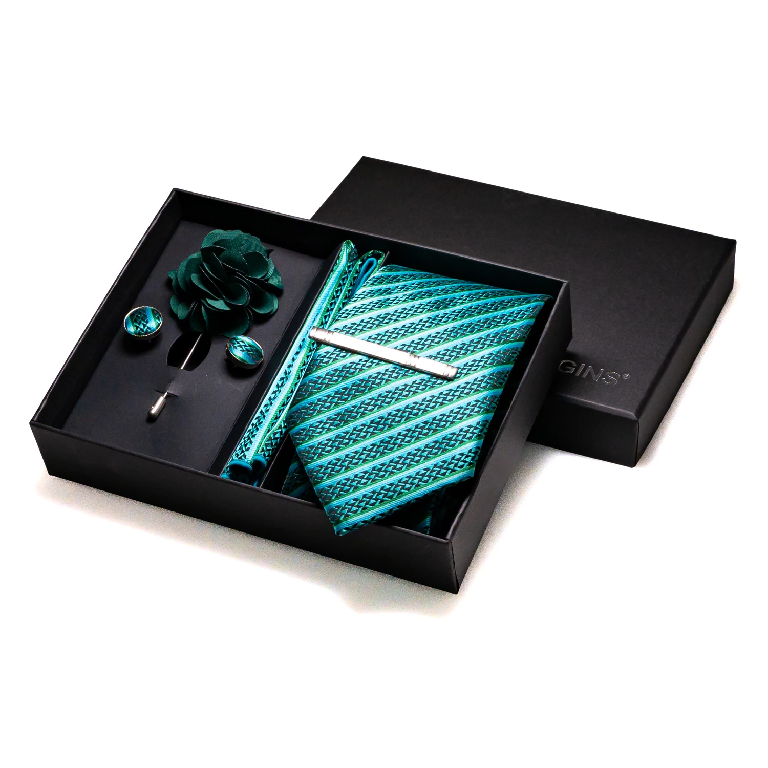 Luxury Dark Green Stripes Silk Ties for Men Wedding Accessories Mens Necktie Pocket Square Cufflinks Pin And Elegant Gift Box