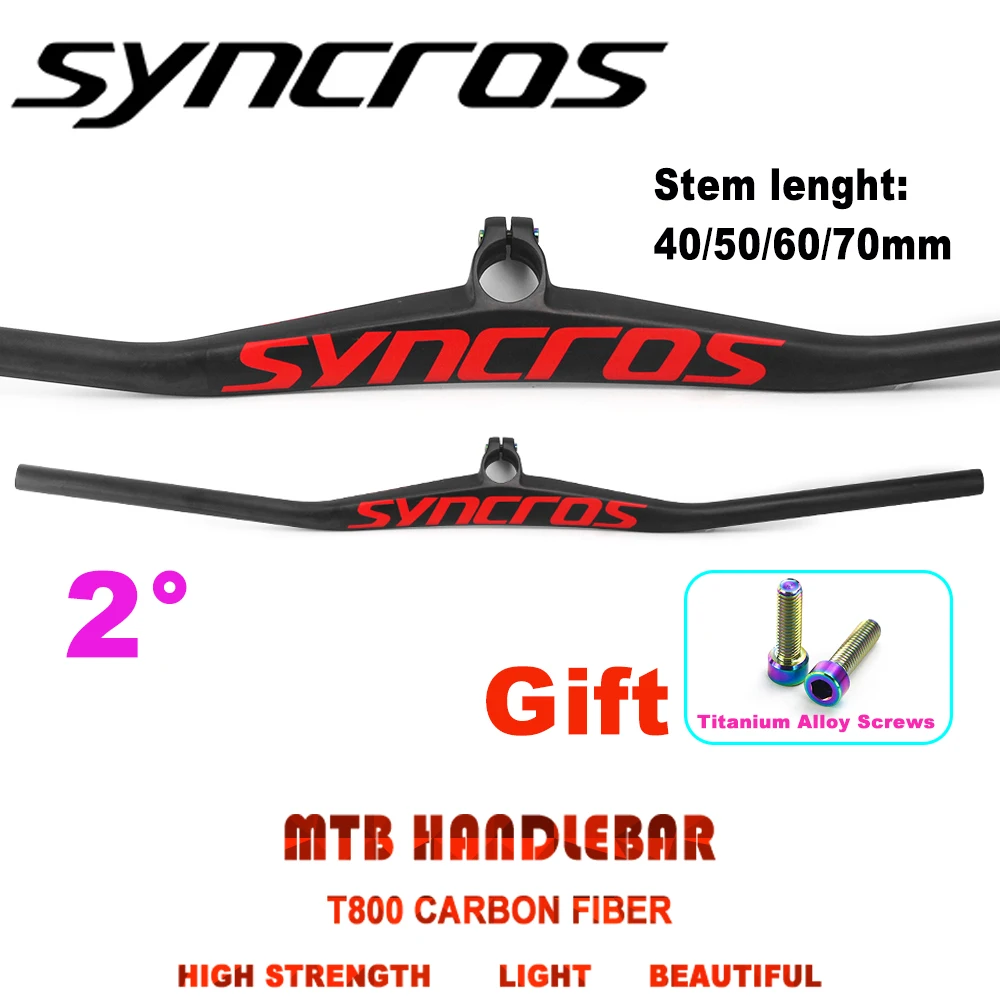 

SYNCROS Carbon One-shaped Integrated MTB Handlebar Bicycle Riser 2Degree with 40/50/60/70mm Stem MTB Titanium Screw Red LOGO