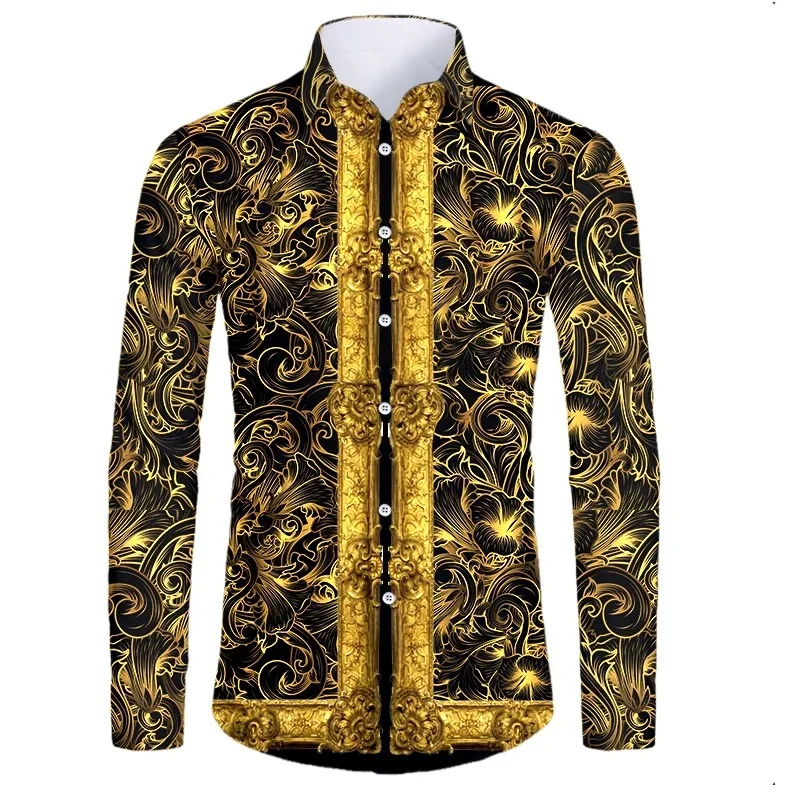 Athleisure High-end Luxury Gold Pattern 3D Printed Long Sleeve Button Down Shirt Men\'s Street Style Fashion Top Hip Hop Clothing
