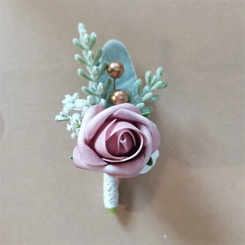 YO CHO Hochzeits-Corsagen, Blumen-Boutonniere für den Bräutigam, lila Seidenrosen-Broschen für Herren, Hochzeits-Brautjungfern-Armband, Handgelenk-Corsage-Blume – Detail 18