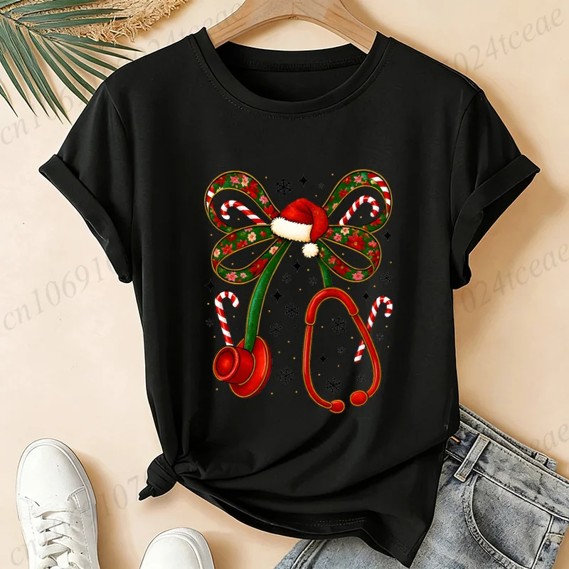 Women Christmas Stethoscope Graphic T‑Shirt Nurse Doctor Xmas Santa Hat Print Short Sleeve O‑Neck Casual Tops Holiday Gift Tees