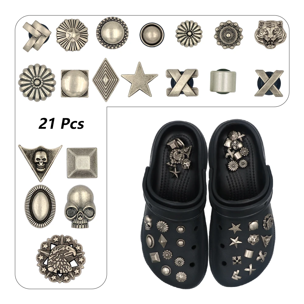 21 Pieces DIY Detachable Metal Shoes Charms Silvery Tiger Eagle Triangular Skeleton Rivets Adornos Pines Pins Snap-in Ornament