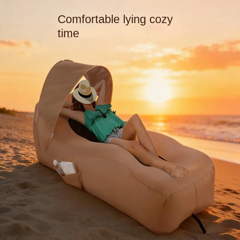 Inflatable Lounger Beach Chair with Sun-Shade, Waterproof Inflatable Couch Blow up Hammock for Hiking Backyard Beach Festivals