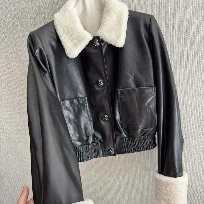 Chaqueta de cuero genuino de longitud corta 2025, nueva moda, cuello vuelto con lana auténtica de alta calidad
