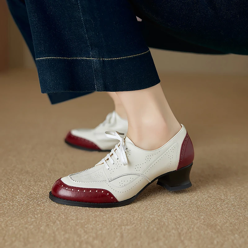 

New Genuine Leather Women High Heel Shoes Lace Up Classic Round Toe Mid Heels Shoes Casual Loafers Office Lady Dress Size 34-40