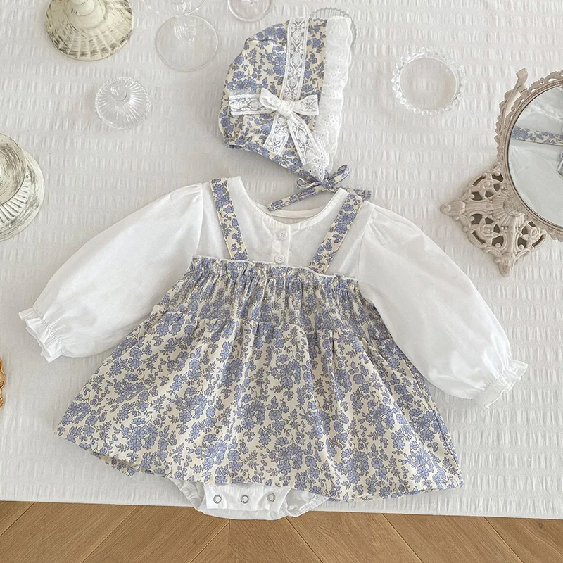 2024 New Spring Autumn 0-24M Baby Girls Clothing Infant Baby Girls Jumpsuit+Hat Long Sleeved Cotton Printed Splicing Bodysuits