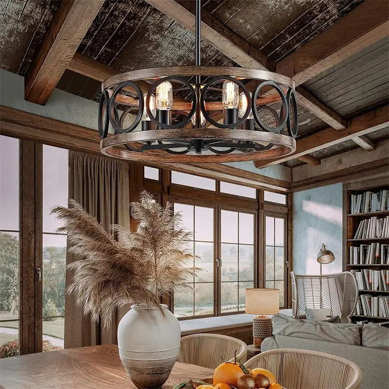 Lampadario circolare industriale americano fattoria retrò ferro arte venature del legno per ristorante casa camera da letto plafoniera decorazioni per la casa