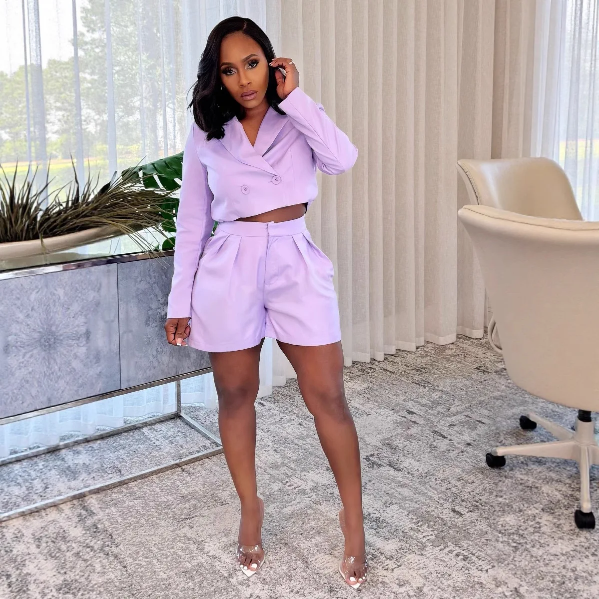 

Elegant Fashionable Women's Wear Set 2025 Lapel Long-Sleeved Suit with Shorts - Stylish Casual Outfit for Women