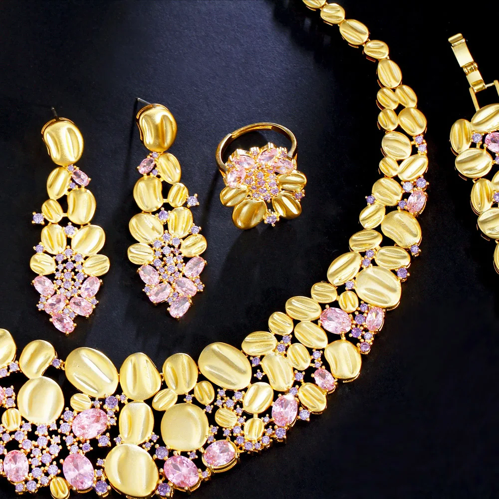 

ThreeGraces 4pcs Luxurious Brilliant Pink Purple Cubic Zirconia Bridal Wedding Evening Party Jewelry Set for Women Brides T1118