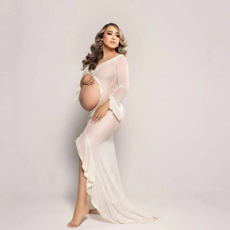 Stretchy Hollow Out Maternity Photoshoot Dress Tulle Pregnant Woman Photography Memaid Dress Long Train