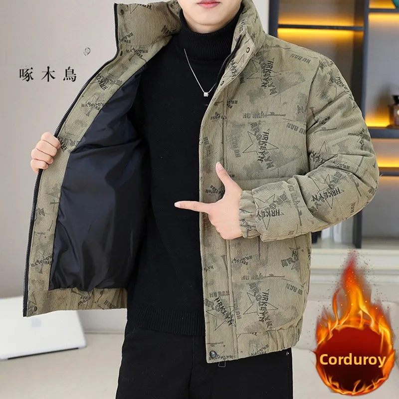 

Thiened Corduroy Cotton Jaet Men's Autumn Winter New Sle Faion Casual Stand Collar Coat Warmth Youth Polyester Fiber