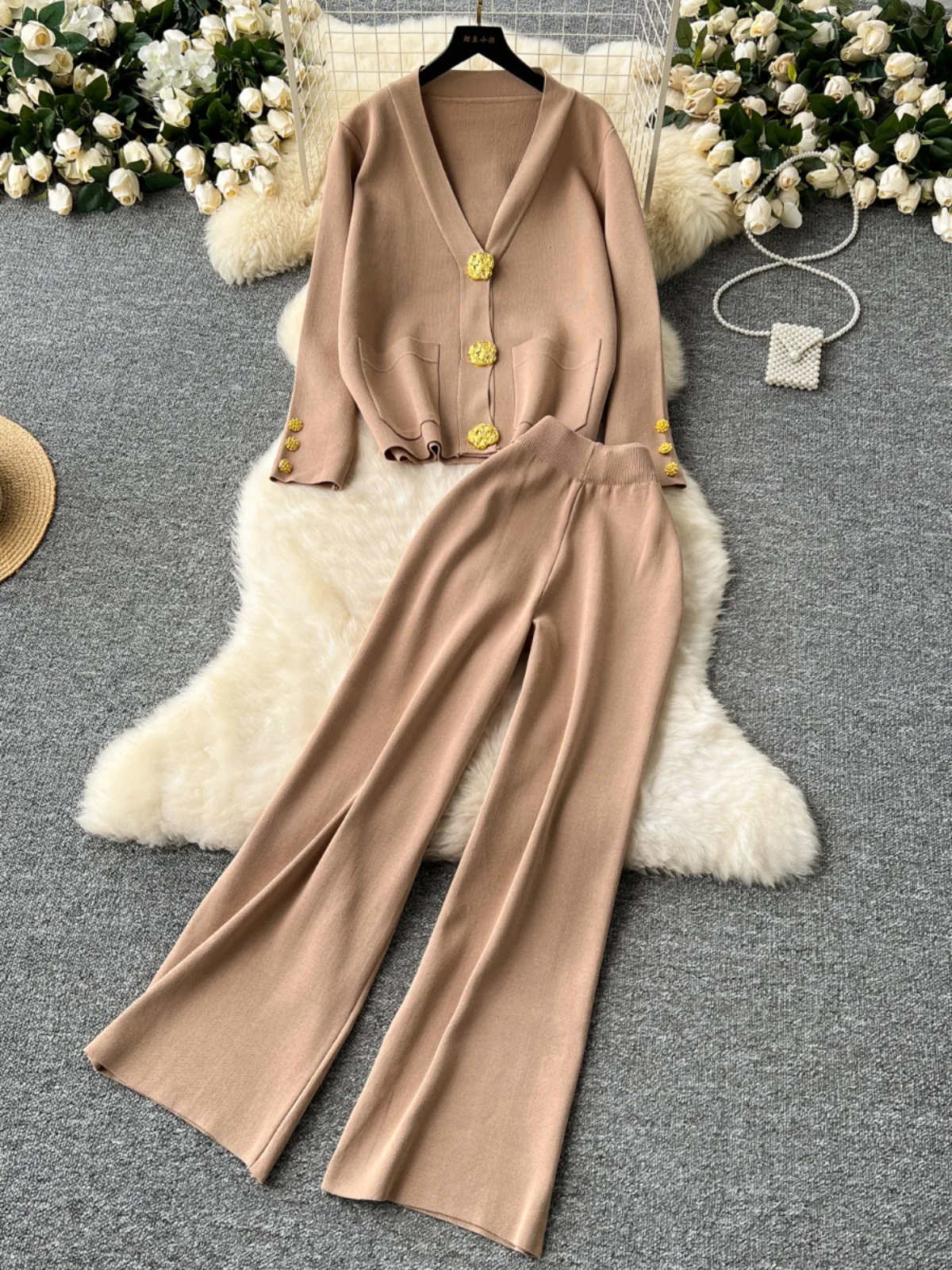 Elegant Women Long Pant Suits Autumn Winter All-Match Gold Buttons Knitted Cardigan+Solid Color Wide Leg Pant 2Pcs Set