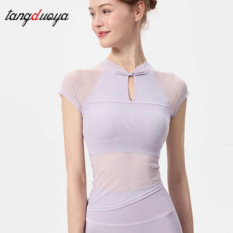 Net fabric patchwork Workout for Women Yoga Short-sleeved Slim Fit Athletic Elegant Gym Built in Bra Running Workout