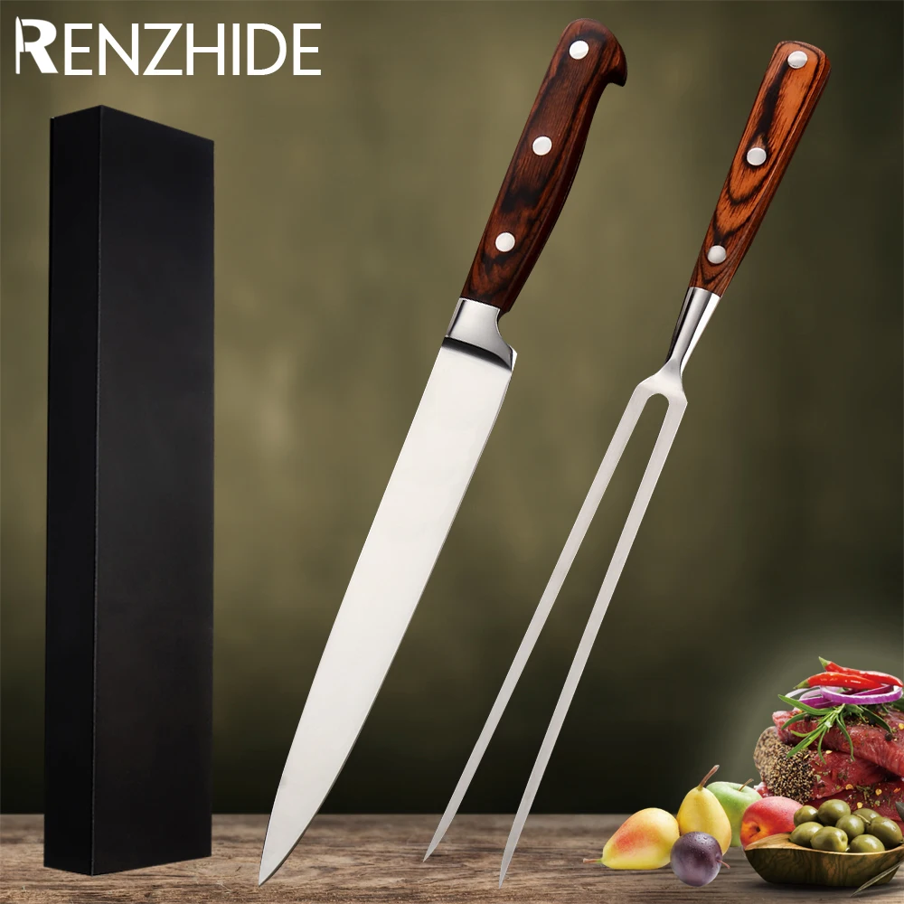 

RZD 8'' INCH Stainless Steel Chef Carving Kitchen Slicer Teppanyaki Slicing Knife Fork Gift Box Steak Roast Meat Korea BBQ Tool