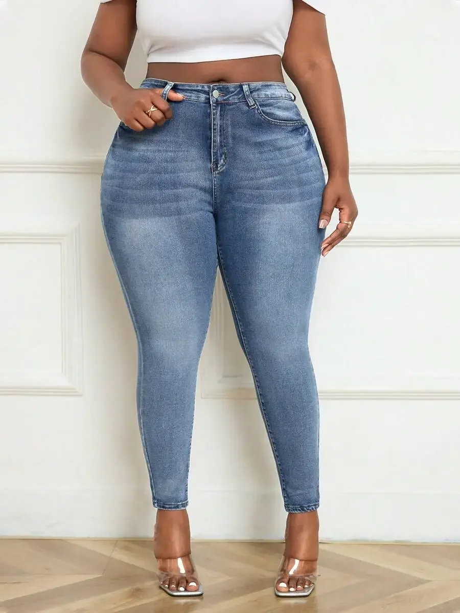 

Blue Plus Size High Waist Skinny Jeans Comfortable Stretch Denim Casual Daily Wear
