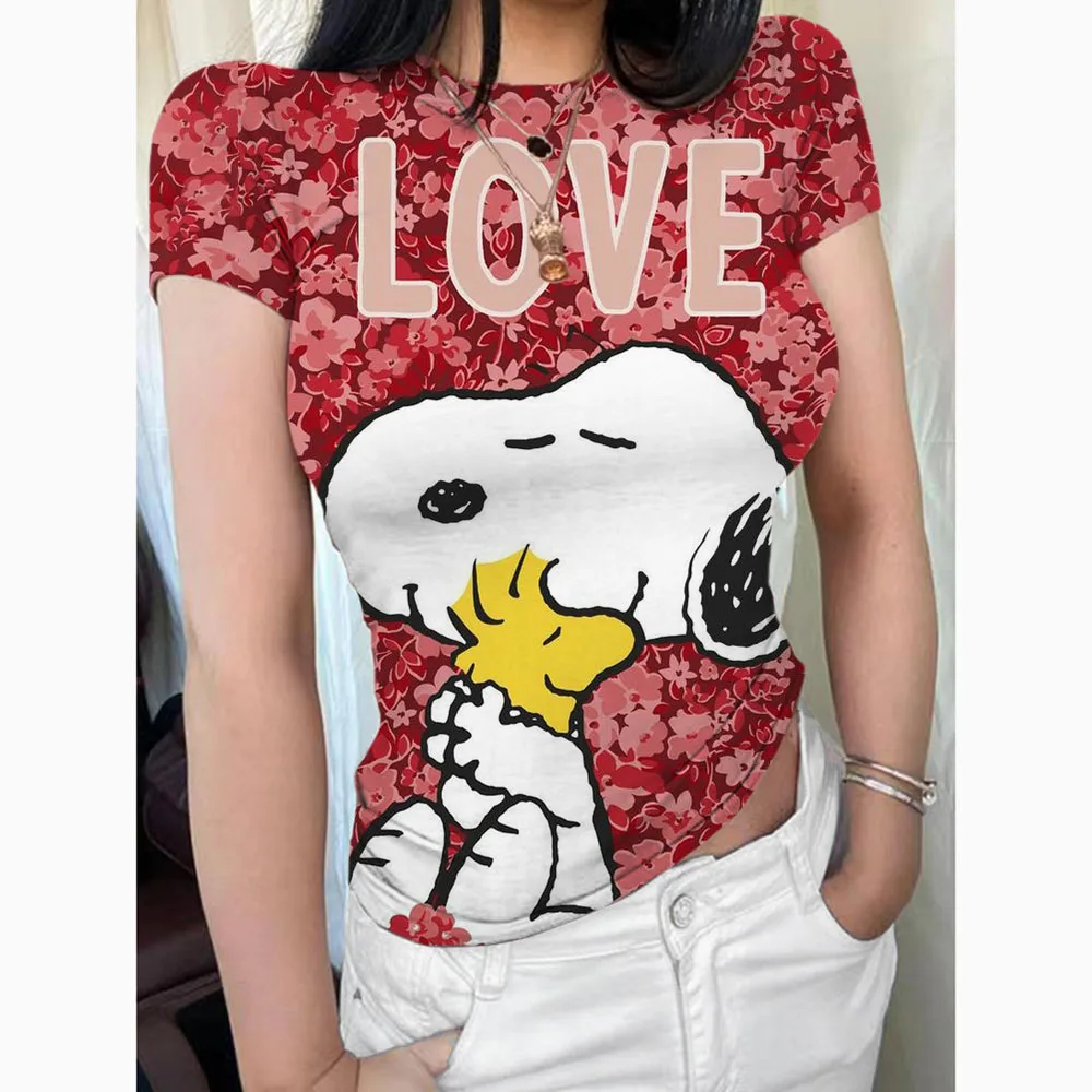 Basic short sleeved women\'s T-shirt Snoopy print top women\'s fashion Korean T-shirt round neck tight top