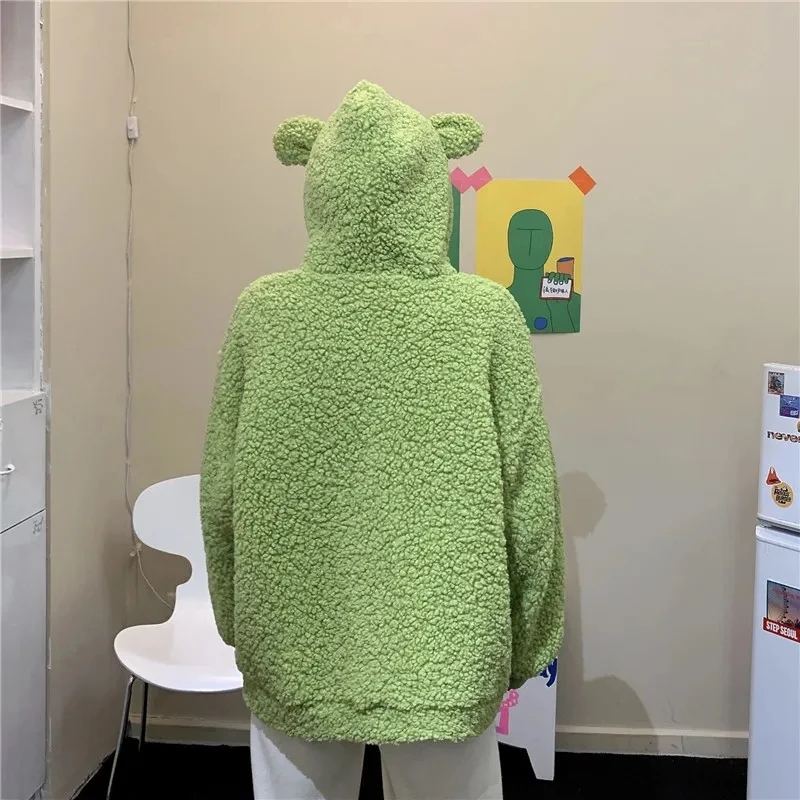 Autumn Winter Kawaii Frog Hooded Sweatshirt Zip-Up Plush Fleece Oversized Hoodies Women Thicken Warm Outwear Cute Animal Tops