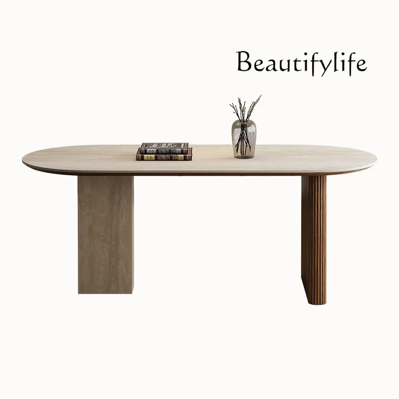 

Medieval style solid wood travertine rock slab dining table Nordic small apartment oval dining table تحف كبيره للمنزل