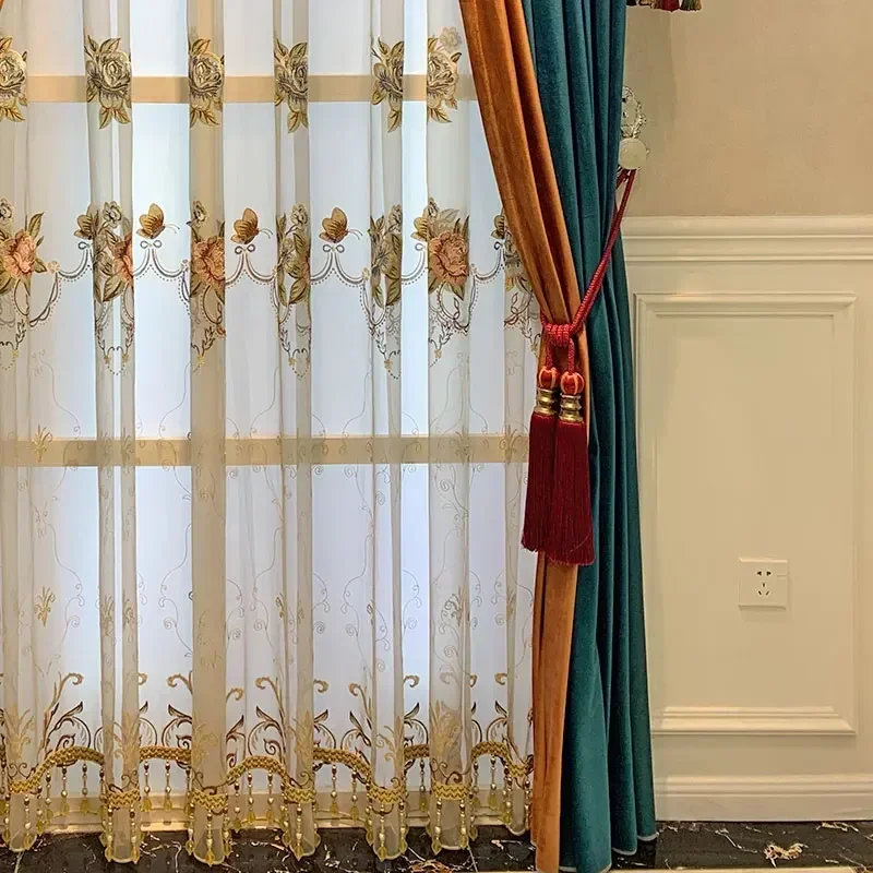 

American Retro Blue Orange Velvet Patchwork Thick Shading Curtains For Living Room Bedroom Study Villa Custom Embroidered Yarn