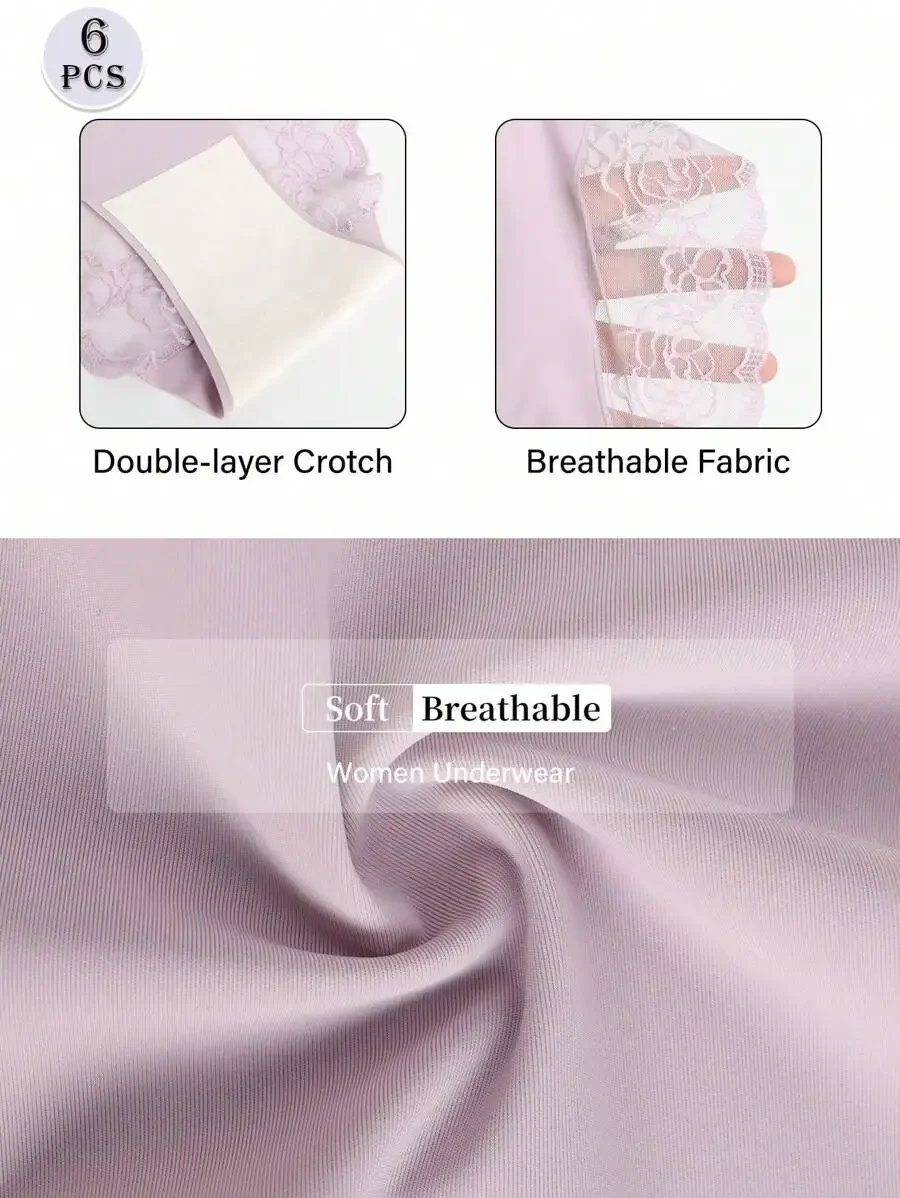 

6 Pcs Women Low Waist Lace Thong Underwear Soft Breathable Panties