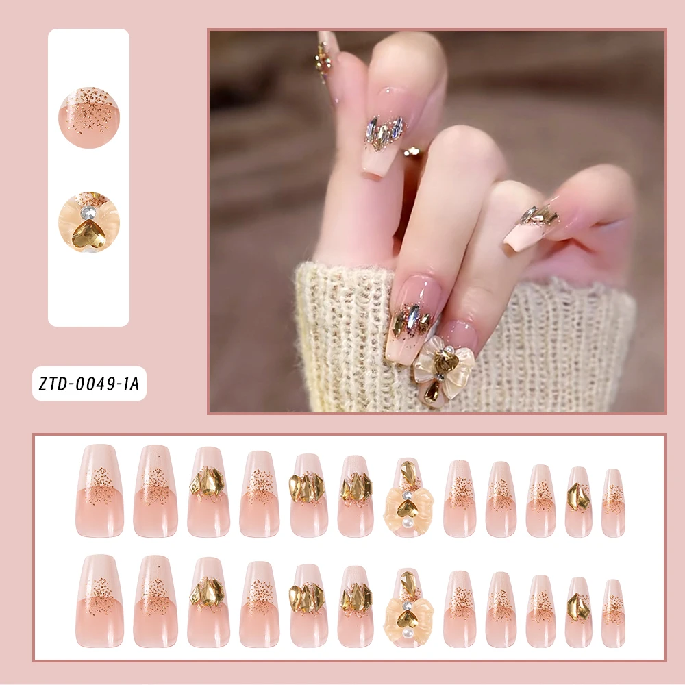 24 Uds. De Gel de gelatina con lazo de diamante brillante, punta para uñas, diamantes de imitación, lazo brillante, uñas postizas hechas a mano, puntas de uñas postizas francesas desnudas