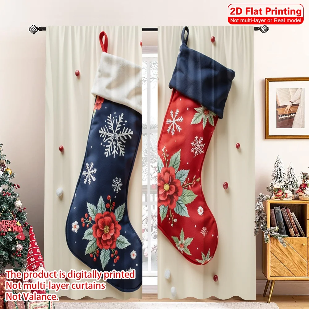 

2pcs 2D flat printing Merry Christmas Scene Curtains Christmas Stockings With Poinsettias Fabric Without Electricity 0 Use for