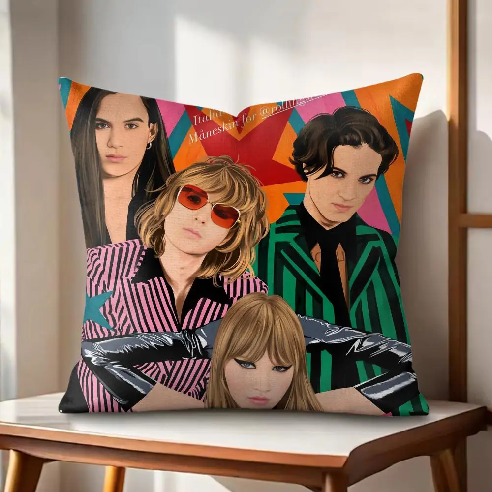 M-Maneskin Rock Band Cushion Cover Eco Linen Pillow Case Double-Sided Print Breathable Durable Zipper Home Decor Gift
