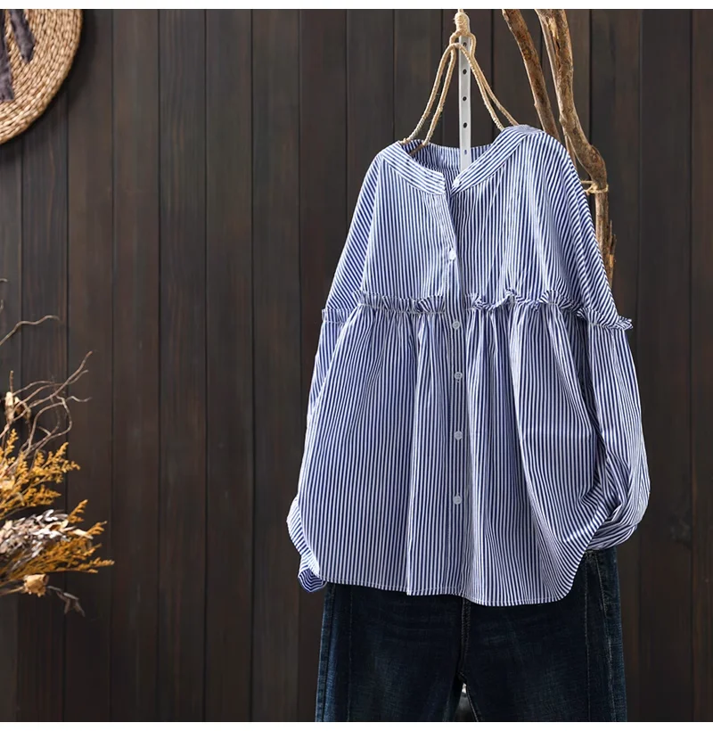 

Women's Top Peasant Blouse Shirt Mori Girl Japan Style Cotton Blue Striped White Black Long Sleeve White Blue Black Blouses