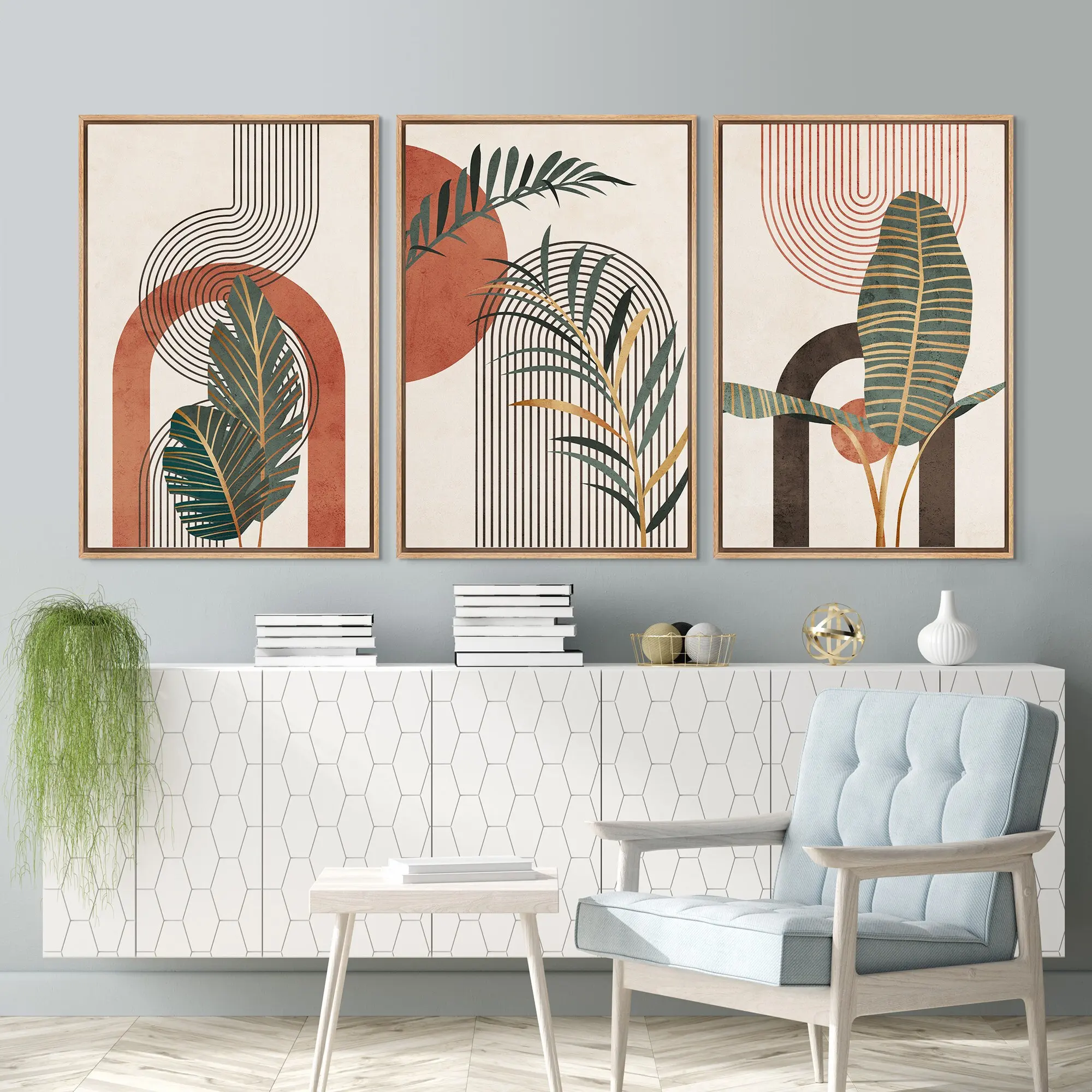 3PCS frameless decorative art print,Mid-Century Tropical Leaf Wall Art Set, Boho Abstract Geometric Terracotta Canvas Prints, Mi