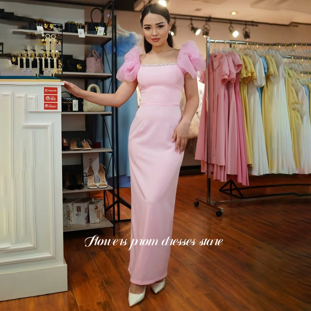 

Flowers Pink Party Dress Short Sleeve Evening Dress for Women Pleats Prom Dress Ankle Length vestidos de novia Customized