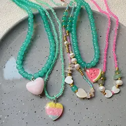 Kpop Fashion Cute Summer Y2K Heart Pendant Beaded Necklace For Woman Egirl Aesthetic Jewelry EMO Goth Vintage Scene Accessories
