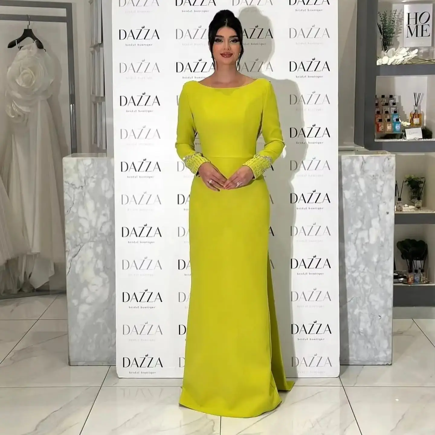 

Yellow Beaded Long Sleeves Bespoke Occasion Gown Evening Dresses Pastrol Unisex Jersey Retro Dubai Saudi Arabic Prom Customized