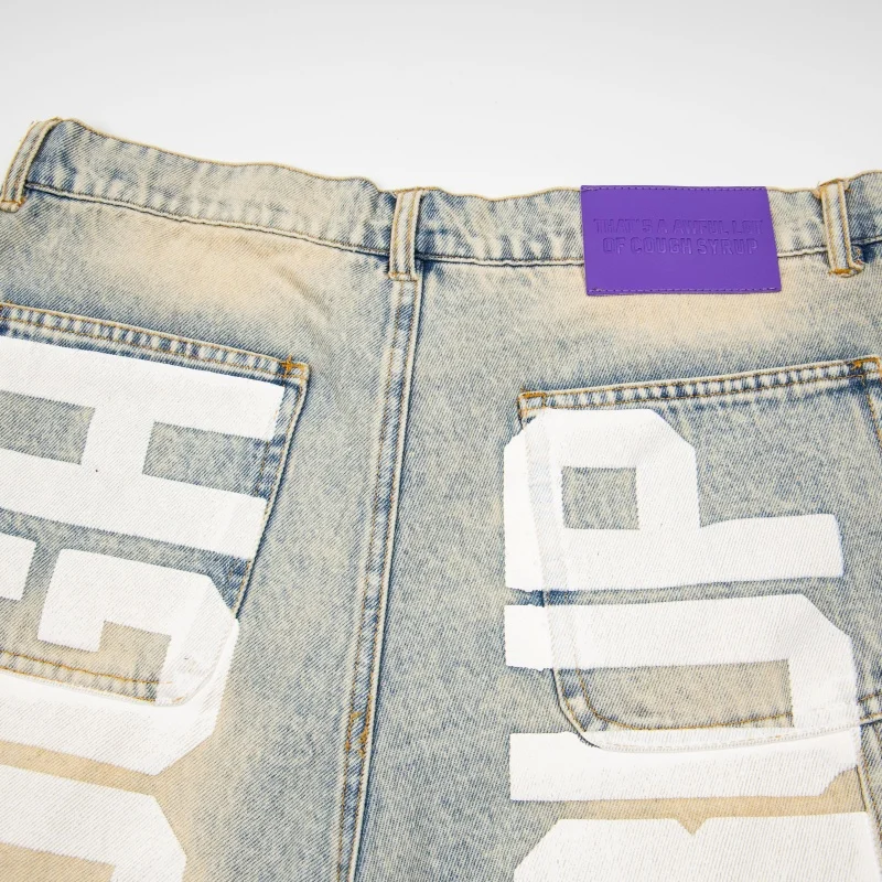 Men Women Short Jeans Washed Rhinestone American Retro Cough Syrup Denim Shorts Loose Hip Hop Streetwear