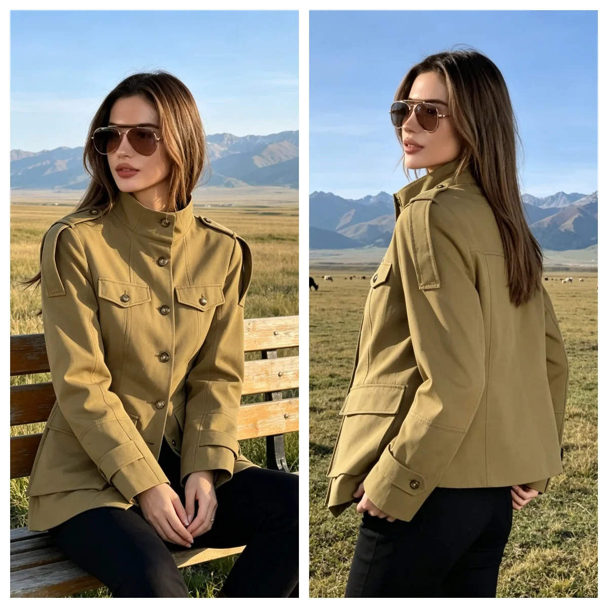 Women's Jacket Slim Fit Stand Collar Tailored Epaulets Flap Pockets Single Breasted Button Down Blazer Coat 2026 Spring Outwear