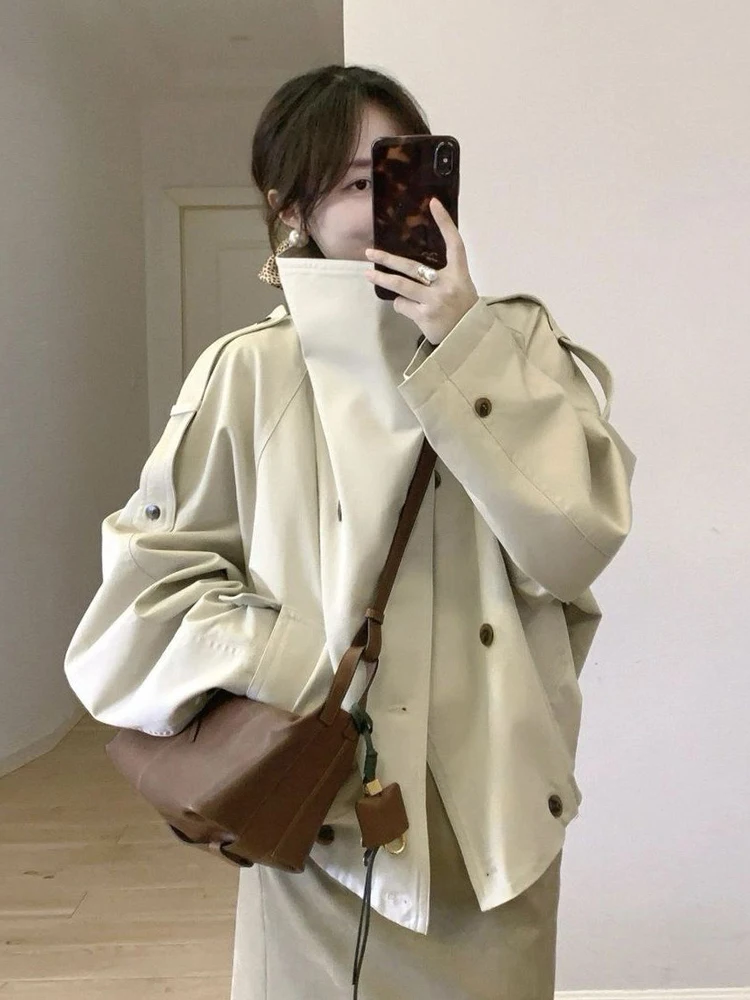 Elegant Fashion Loose Trench Women Long Sleeve Stand Collar Double Breasted Chic Coat Fall Winter Sweet Preppy Style Jacket Tops