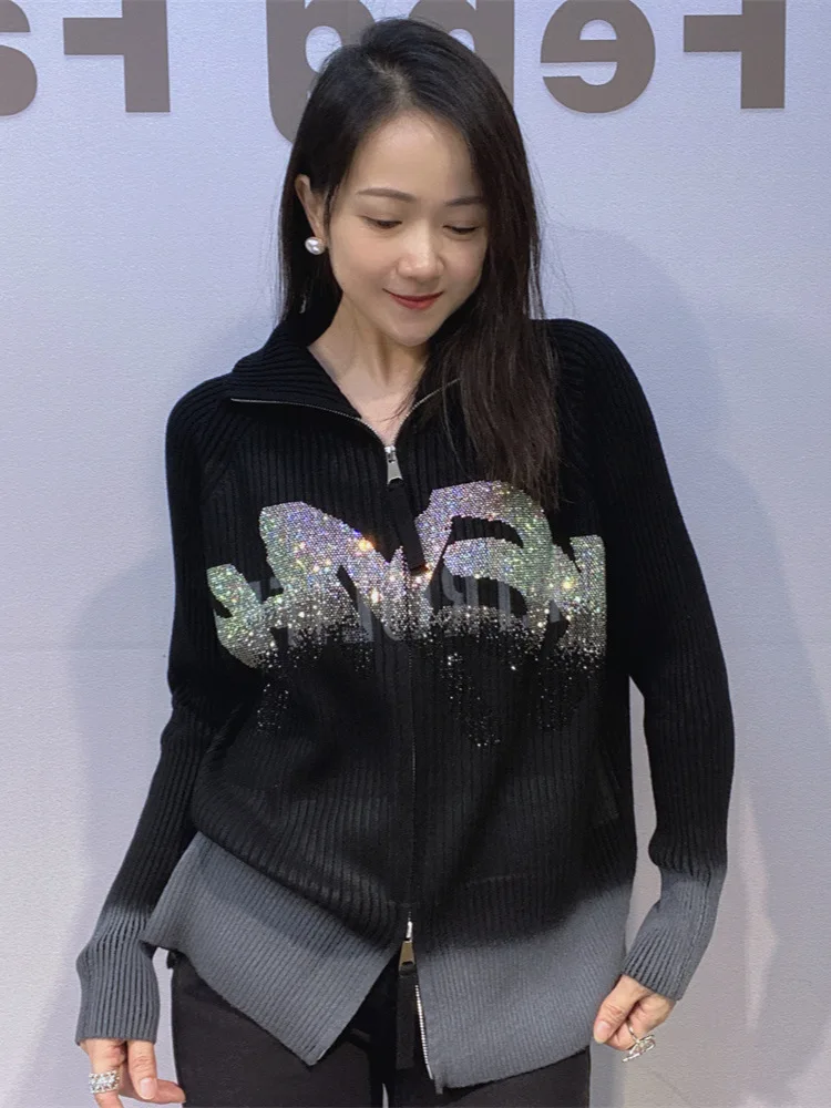 

Women Knitted Sweater Jacket With Pit Stripes Women Autumn Diamond Zipper Cardigan Top Pullovers Top