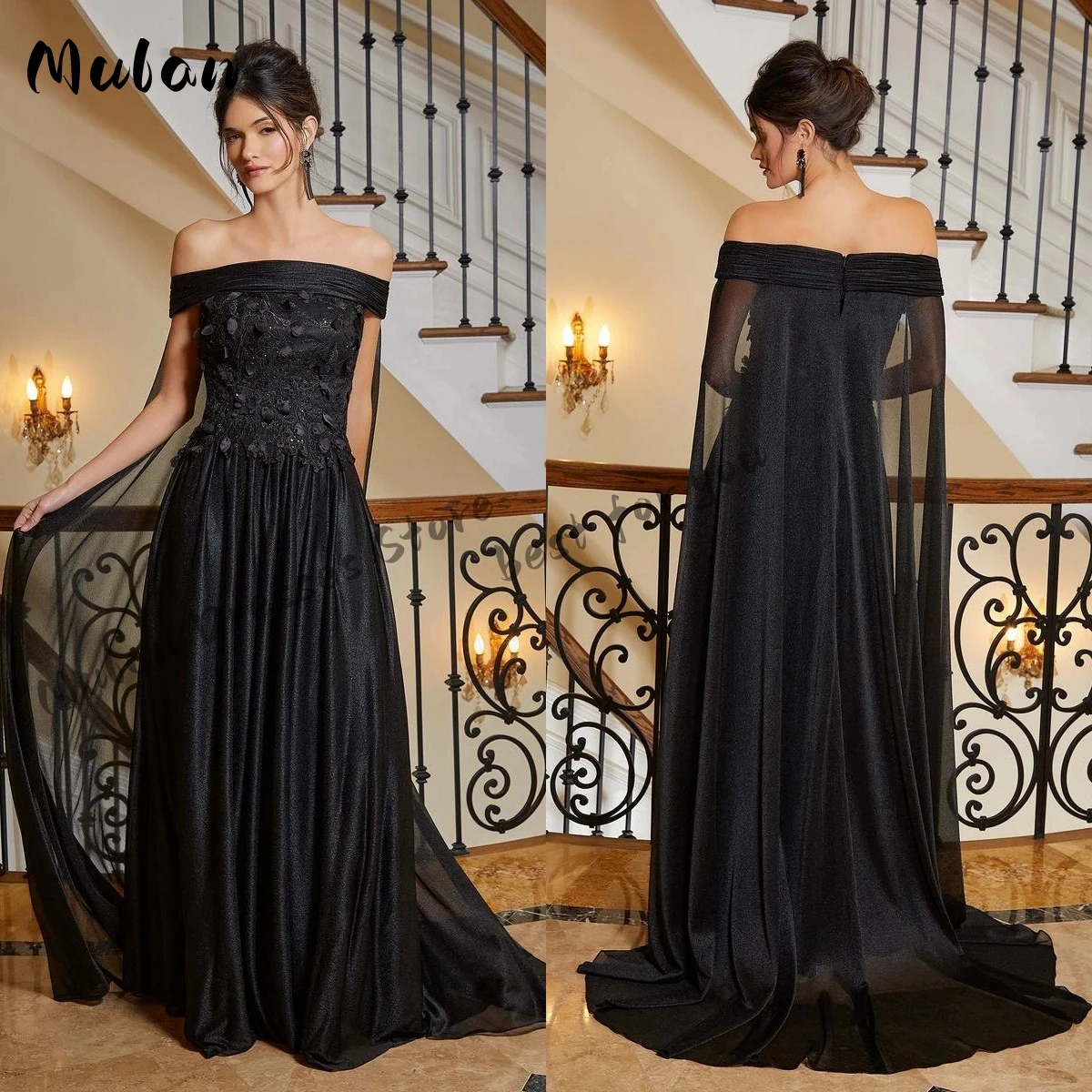 

Off Shoulder Black Floral Lace Mother Of The Bride Dresses A-line Floor-length Cape Elegant Prom Dresses Party Gowns